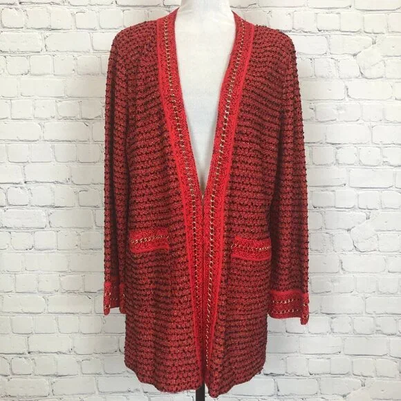 NWT Misook Red Boucle Chain Detail Cardigan Sweater Size L - Picture 1 of 7